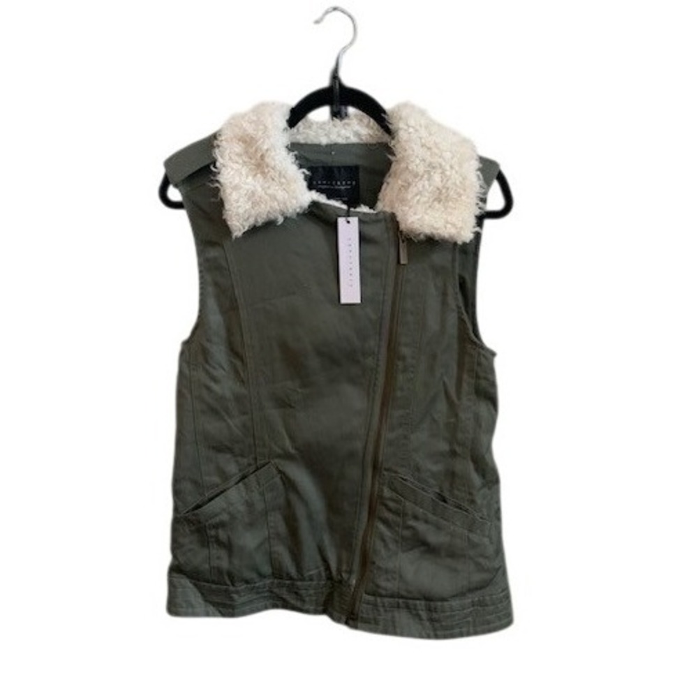 Sanctuary Womens XS Olive Green Faux Shearling Moto Vest Asymmetrical Zip NWT